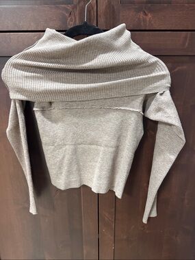 Bluivy Taupe Off-the-Shoulder Ribbed Knit Sweater